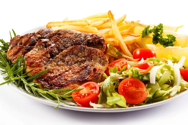 Grilled Steaks French Fries Vegetables — Stock Photo, Image