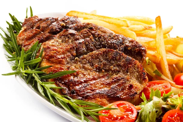 Grilled Steaks French Fries Vegetables — Stock Photo, Image