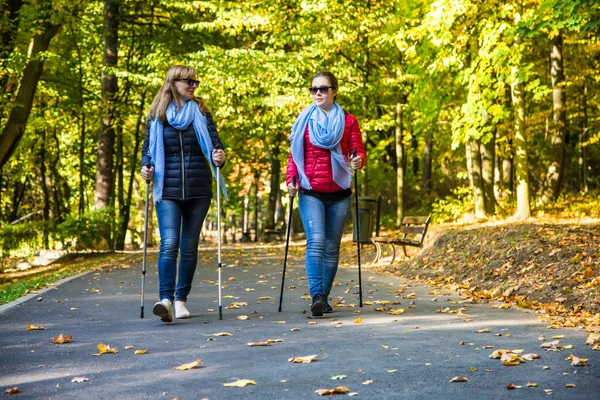 Caminata Nórdica Personas Activas Haciendo Ejercicio Parque — Foto de Stock