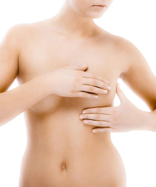 Kvinna Att Undersöka Bröst Isolerad Vit Bakgrund — Stockfoto
