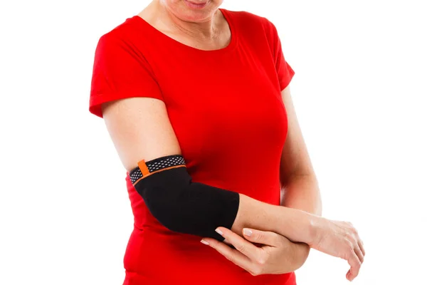 Tennis Elbow Woman Holding Painful Elbow Isolated White Background Royalty Free Stock Images