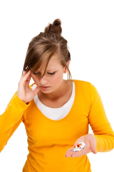 Headache Woman Holding Pills Isolated White Background — Stock Photo, Image