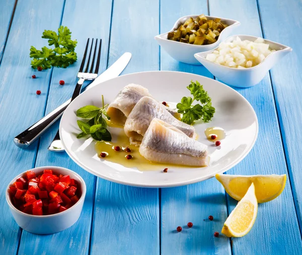 Marinated Herring Fillets Wooden Table — Stock Photo, Image
