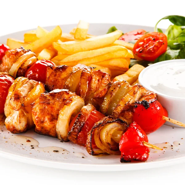 Kebab Grilled Meat Vegetables White Background — Stock Photo, Image