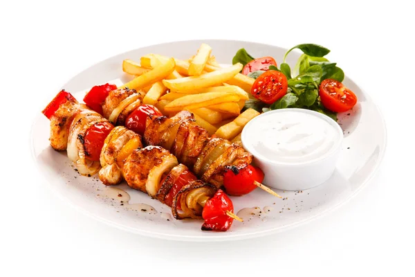Kebab Grilled Meat Vegetables White Background — Stock Photo, Image