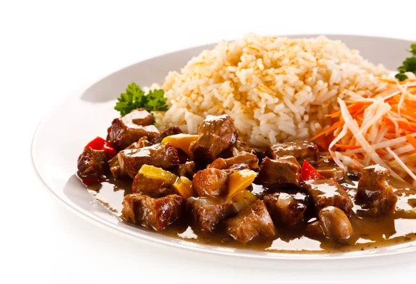 Gebratenes Fleisch Weißer Reis Und Gemüse — Stockfoto