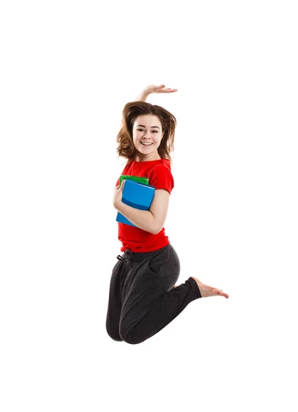 Young Woman Jumping Books White Background — Stock Photo, Image