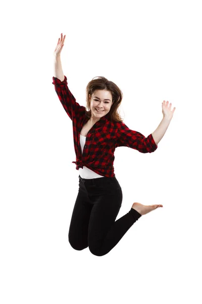 Mujer Joven Saltando Sobre Fondo Blanco — Foto de Stock