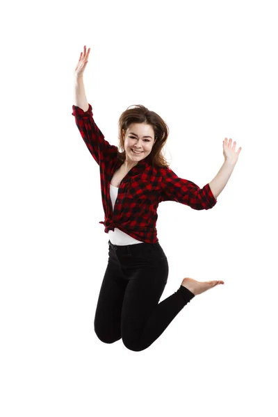 Young Woman Jumping White Background — Stock Photo, Image