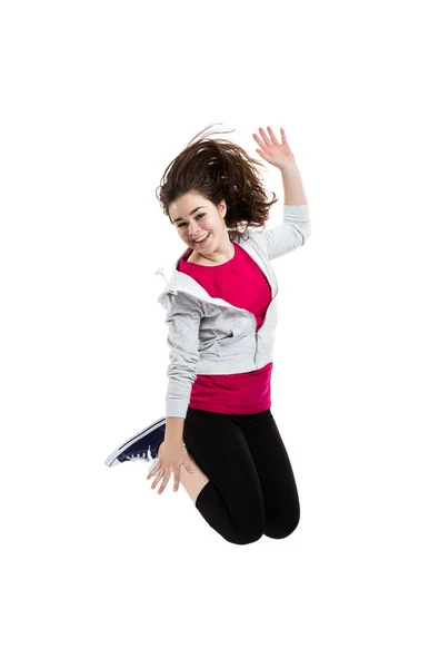 Mujer Joven Saltando Sobre Fondo Blanco — Foto de Stock