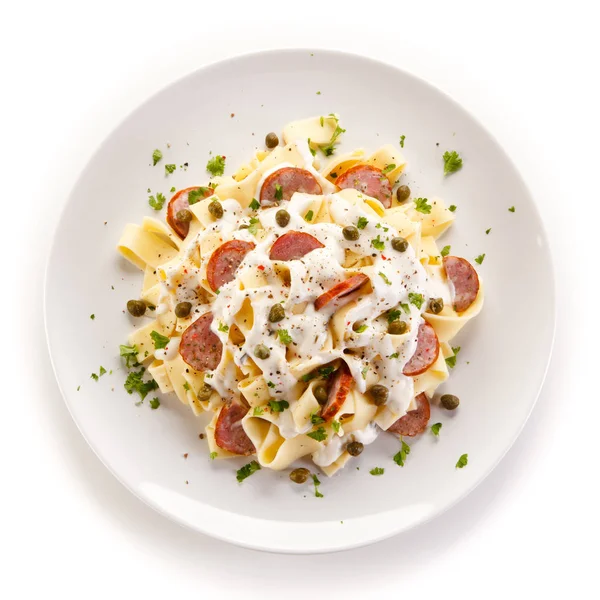 Paste Carbonara Fundal Alb — Fotografie, imagine de stoc