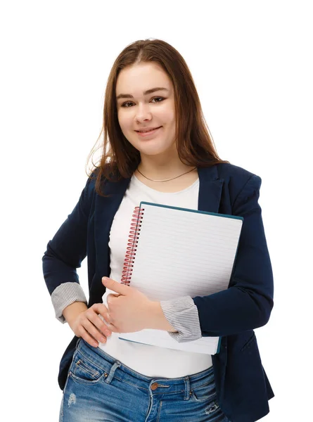 Mujer Sujetando Bloc Notas Aislado Sobre Fondo Blanco — Foto de Stock