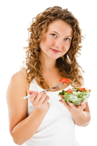 Jonge Vrouw Eten Plantaardige Salade Geïsoleerd Witte Achtergrond — Stockfoto