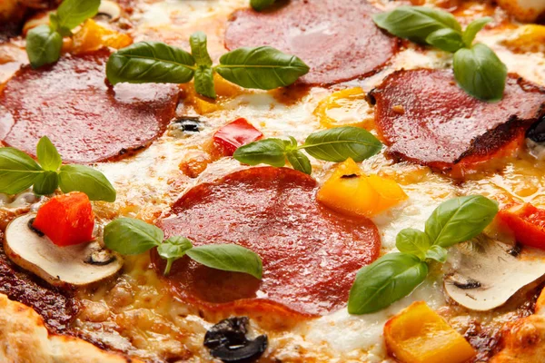 Pizza Pepperoni Tomatoes Mushrooms Pepper — Stock Photo, Image