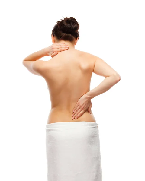 妇女按摩背部疼痛 — 图库照片