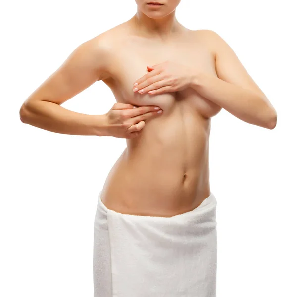 检查乳房孤立在白色背景上的女人 — 图库照片