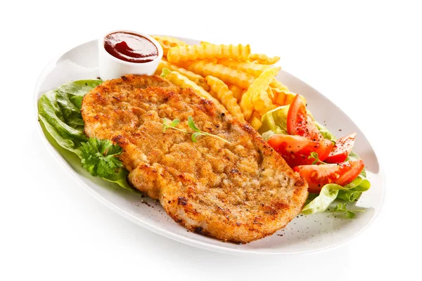 Fried Pork Chop French Fries Vegetables — Stock Photo, Image