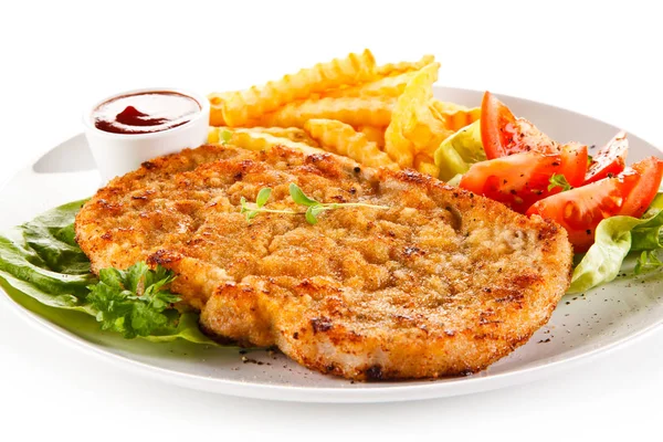 Fried Pork Chop French Fries Vegetables — Stock Photo, Image