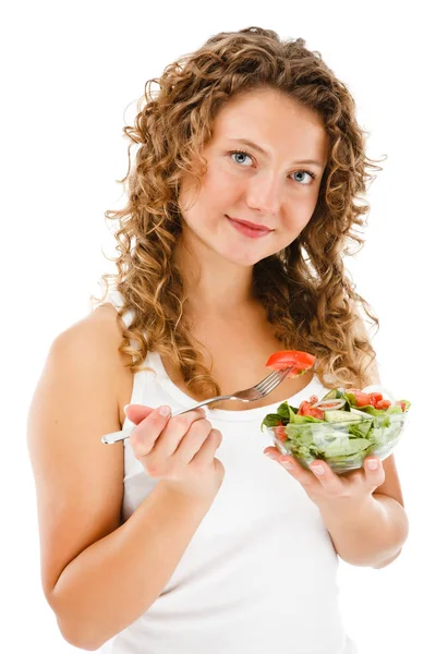 Mujer Joven Comiendo Ensalada Verduras Aislada Sobre Fondo Blanco — Foto de Stock