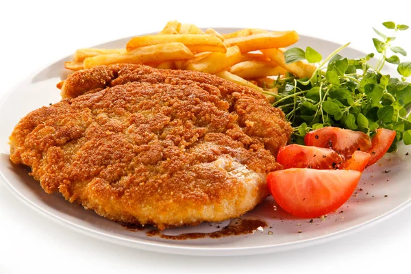 Fried Pork Chop French Fries Vegetables — Stock Photo, Image