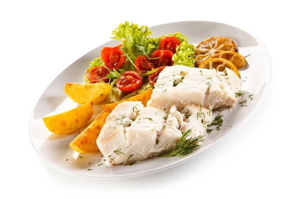 Plato Pescado Filete Pescado Hervido Patatas Horno Verduras — Foto de Stock