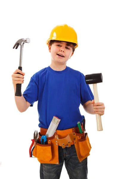 Pojken Som Byggnadsarbetare Isolerad Vit Bakgrund — Stockfoto