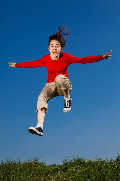 Girl Running Jumping Outdoor — Stock Photo, Image