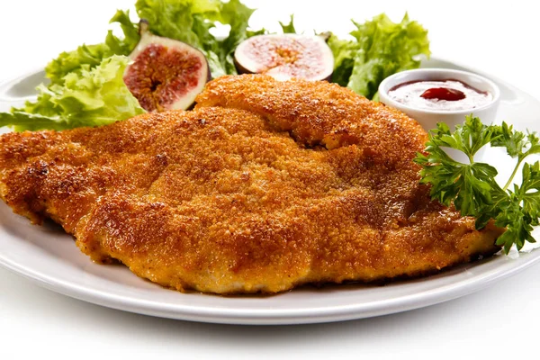 Gebakken Pork Chop Vacht Paneermeel Groente Salade — Stockfoto