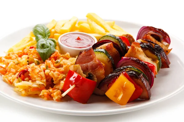 Grilled Meat Vegetables Skewers Salad French Fries — Stock Photo, Image