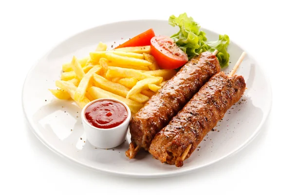 Kebabs Grilled Meat French Fries Fresh Vegetables — Stock Photo, Image