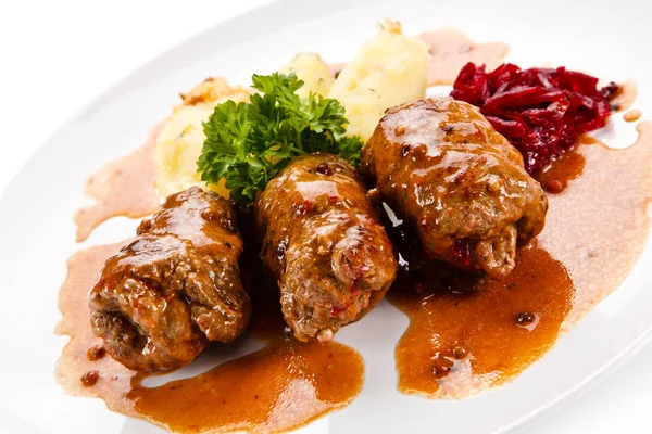 Verpakt Varkenskoteletjes Met Saus Aardappelen Bietensalade — Stockfoto