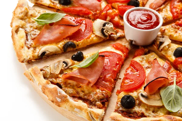 Pizza Ham Tomatoes Mushrooms Olives — Stock Photo, Image