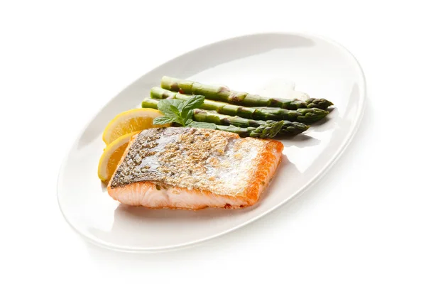 Fried Salmon Asparagus Lemon — Stock Photo, Image