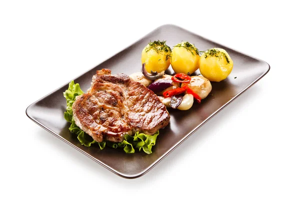 Pork Steak Potatoes Pickled Vegetables Brown Plate — Stock Photo, Image