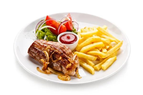 Baked Pork Witth French Fries Sauce Fresh Vegetables — Stock Photo, Image