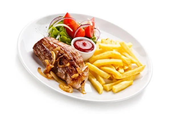 Baked Pork Witth French Fries Sauce Fresh Vegetables — Stock Photo, Image