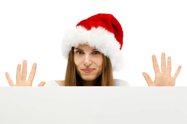 Mujer Sombrero Santa Posando Estudio Con Espacio Copia Fondo — Foto de Stock