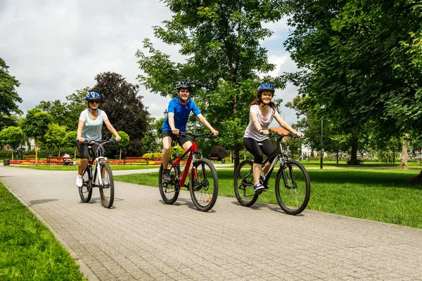 Hälsosam Livsstil Människor Ridning Cyklar Stadsparken — Stockfoto