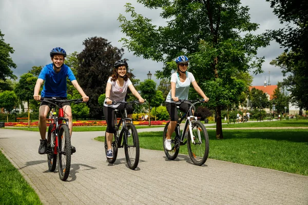Egészséges Életmód Emberek Lovaglás Kerékpárok Városi Park — Stock Fotó