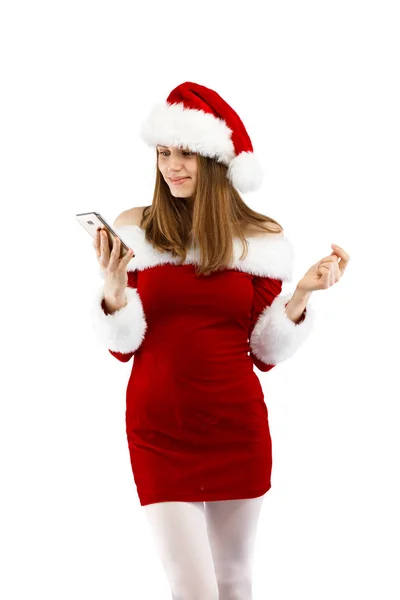 Mujer Sombrero Santa Posando Estudio Con Smartphone —  Fotos de Stock