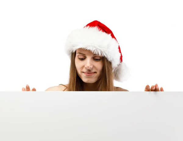 Stüdyoda Fotokopi Çekilen Noel Baba Şapkalı Kadın — Stok fotoğraf