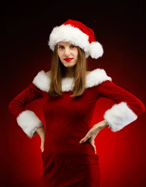 Donna Cappello Babbo Natale Posa Studio — Foto Stock