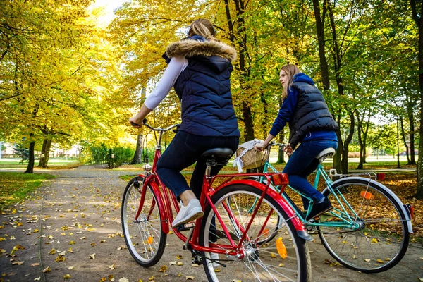 秋の公園で一緒に自転車に乗る母と娘 — ストック写真