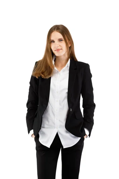 Bizneswoman Pozowanie Białym Tle Przestrzeni Kopii — Zdjęcie stockowe