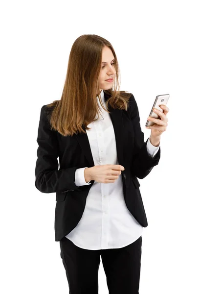 Businesswoman Suit Using Smartphone Isolated White Background — Stock Photo, Image