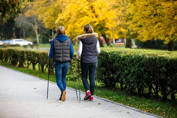 Mother and daughter walking together in autumnal park using tourists sticks - Nordic walking.