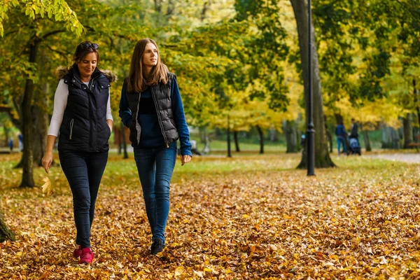 Moeder Dochter Wandelen Samen Het Herfstpark — Stockfoto