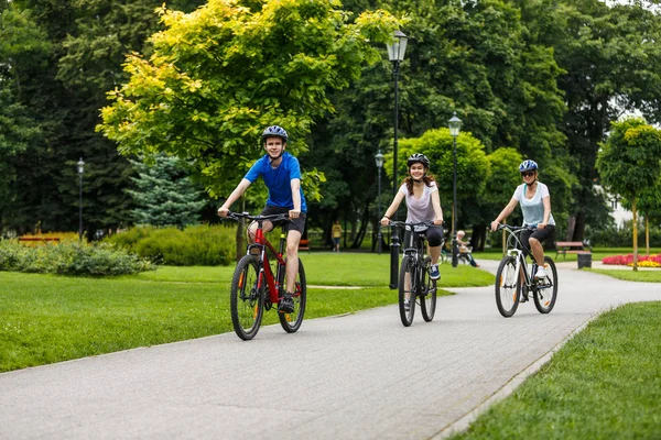 Biciclette Famiglie Nel Parco Estivo Con Fiori Colorati Sullo Sfondo — Foto Stock