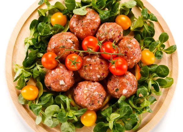 Fresh Meatballs Spinach Tomatoes Wooden Board — Stock Photo, Image