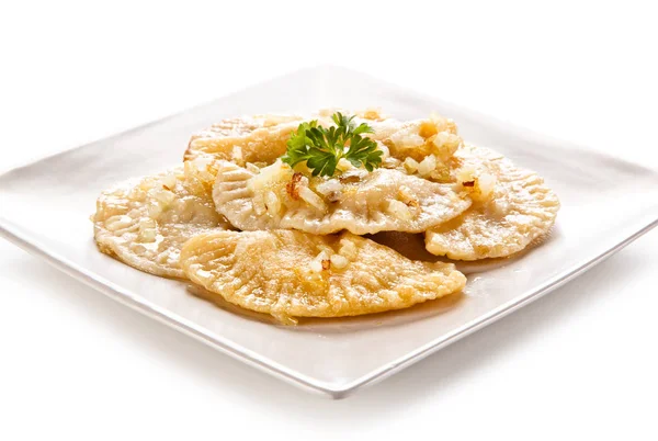 Varenyky Fritto Servito Piatto Bianco — Foto Stock